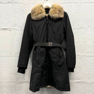 PRADA black gore-tex with fox fur collar belted coat